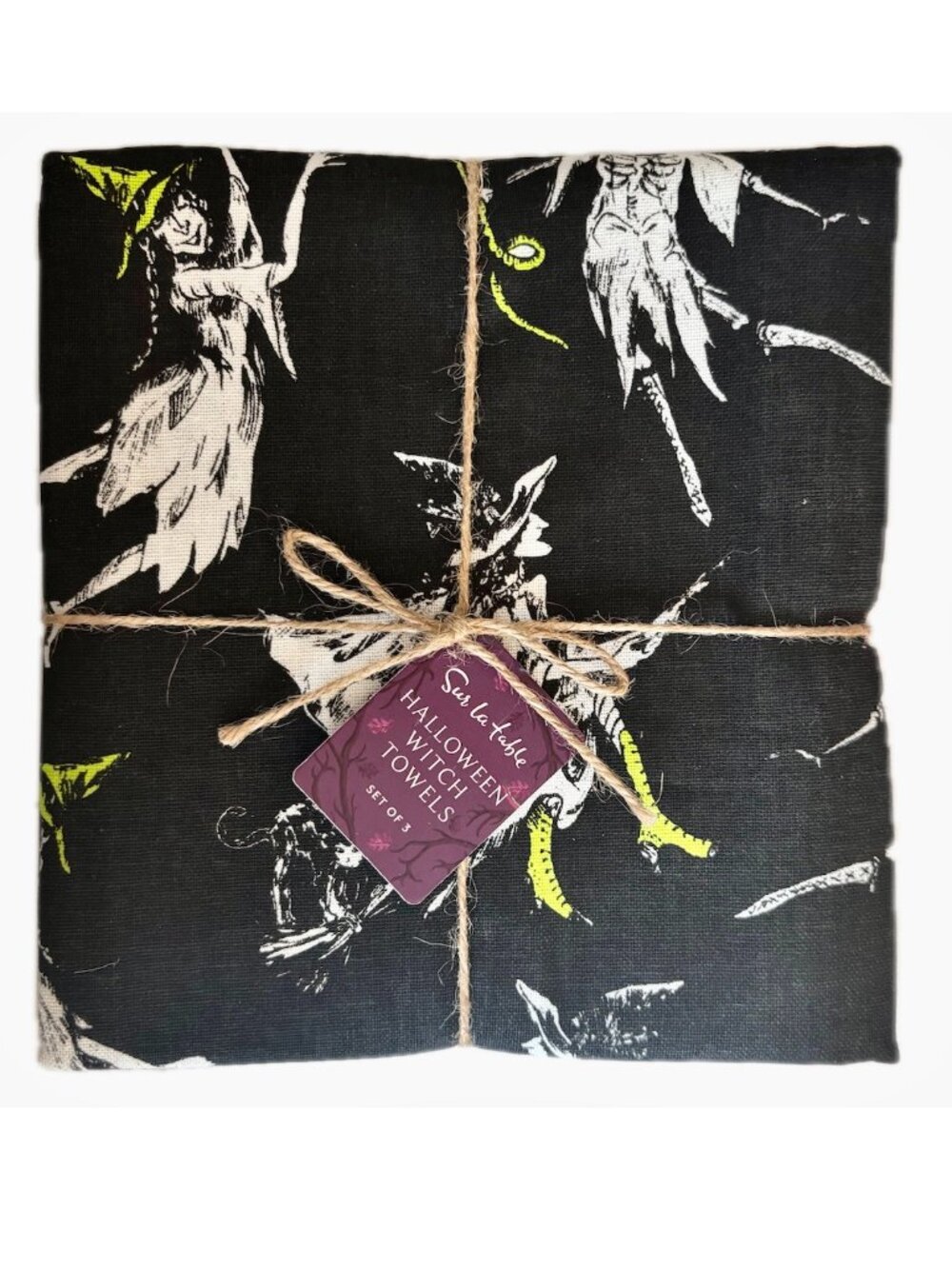 Sur La Table Halloween Tea Towels Set of 3 Featuring Vintage Witch Skeletons NEW